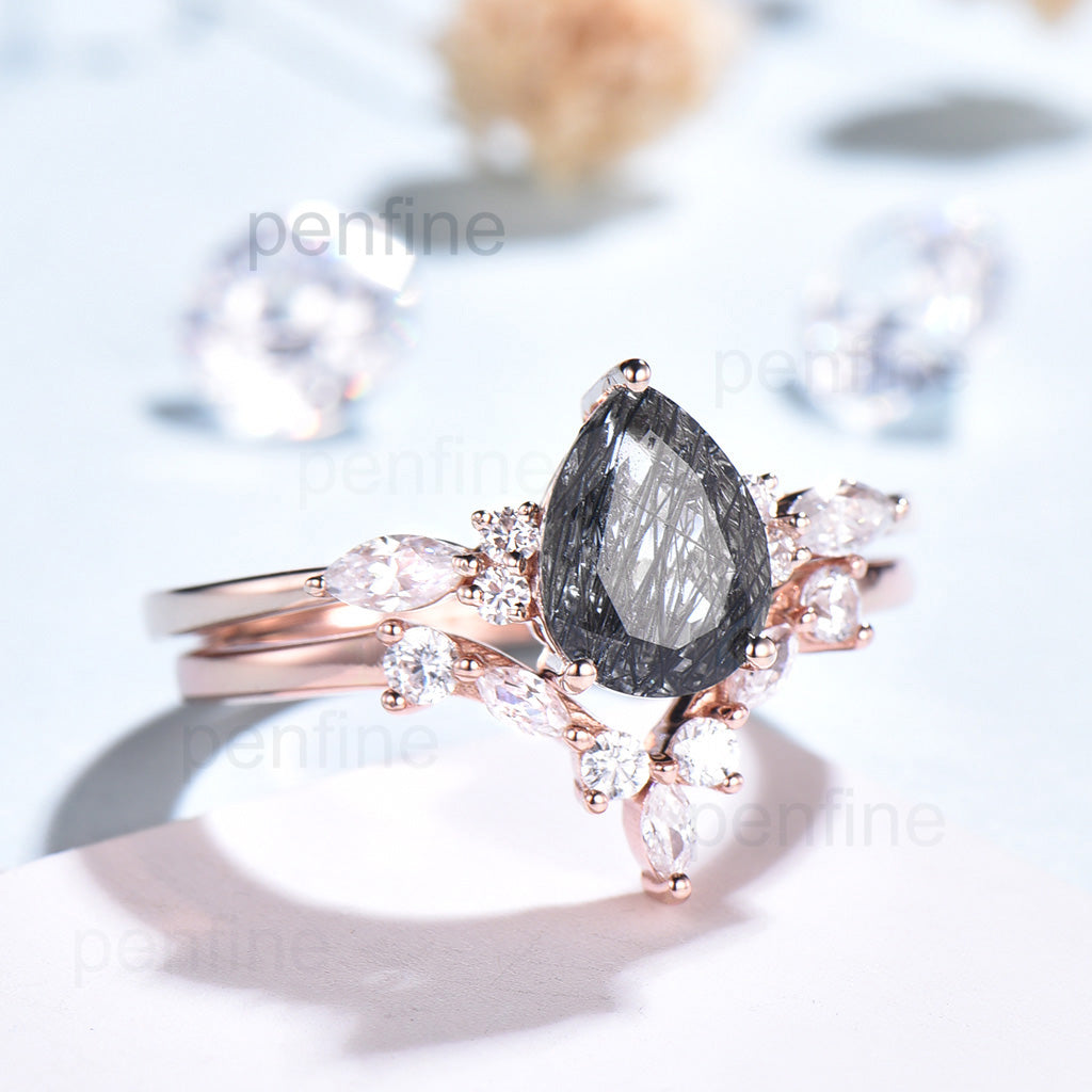 Pear Shaped Black Rutilated Quartz Engagement Ring Cluster Wedding Set - PENFINE