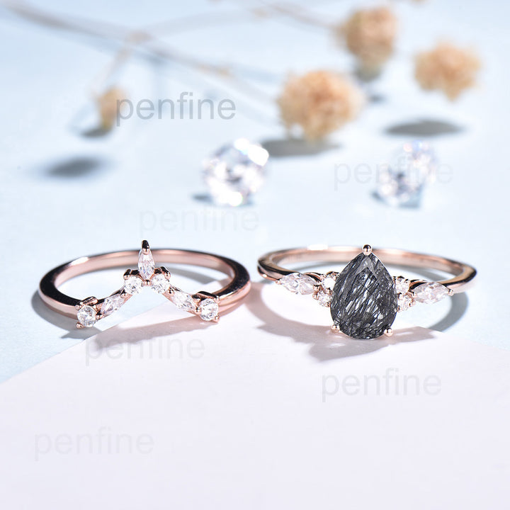 Pear Shaped Black Rutilated Quartz Engagement Ring Cluster Wedding Set - PENFINE