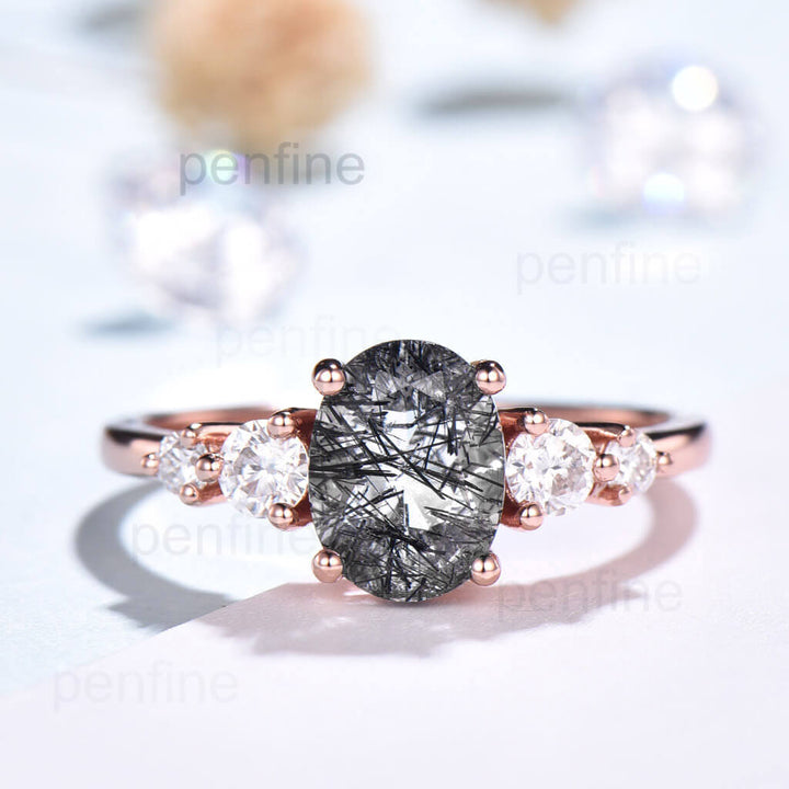 Black Rutilated Quartz engagement ring rose gold