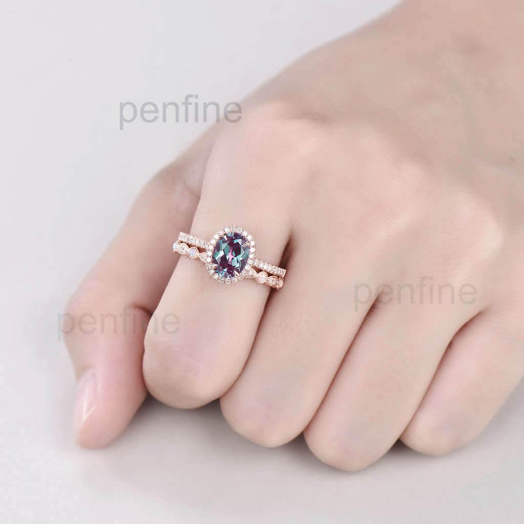 Alexandrite Engagement Ring Waverly Diamond Halo Wedding Set Opal Band 2pcs - PENFINE