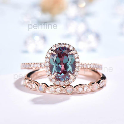 Oval Alexandrite Engagement Ring With Opal Band 