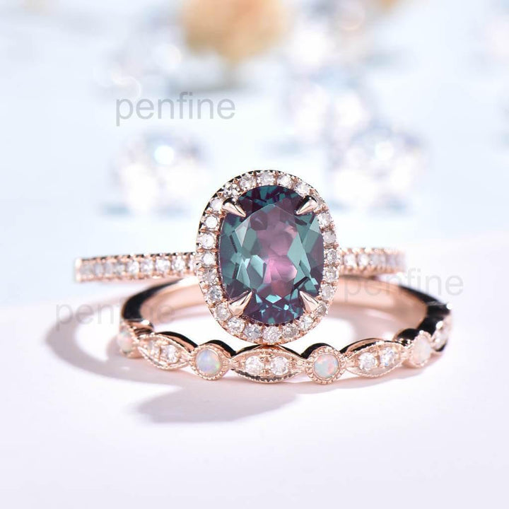 Oval Alexandrite Engagement Ring Set