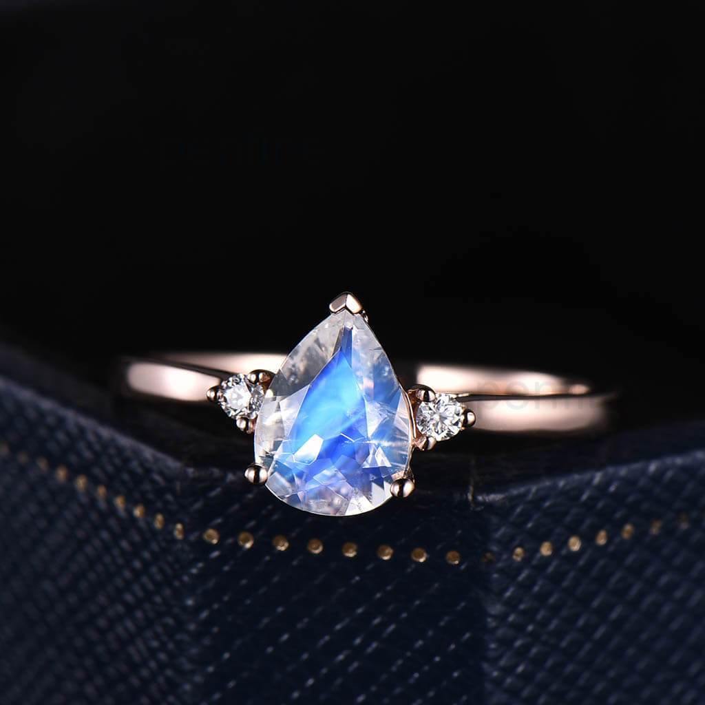 Three Stone Rainbow Pear Shaped Moonstone Engagement Ring Elle Rose Gold - PENFINE