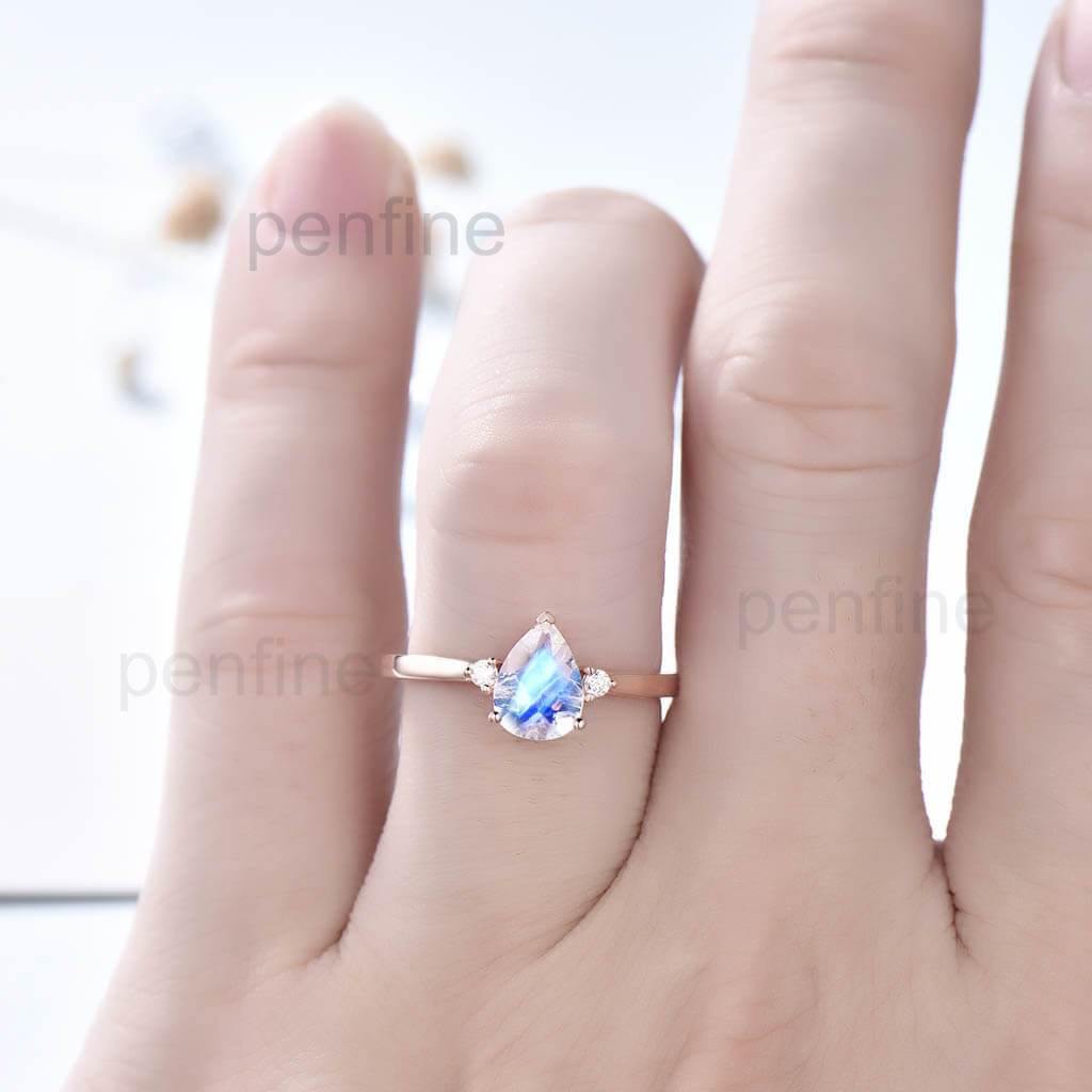 Three Stone Rainbow Pear Shaped Moonstone Engagement Ring Elle Rose Gold - PENFINE