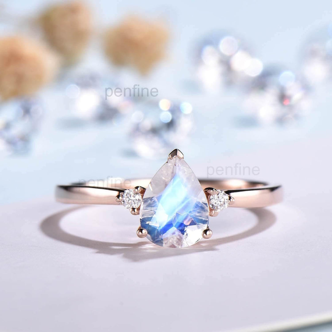 Three Stone Rainbow Pear Shaped Moonstone Engagement Ring Elle Rose Gold - PENFINE