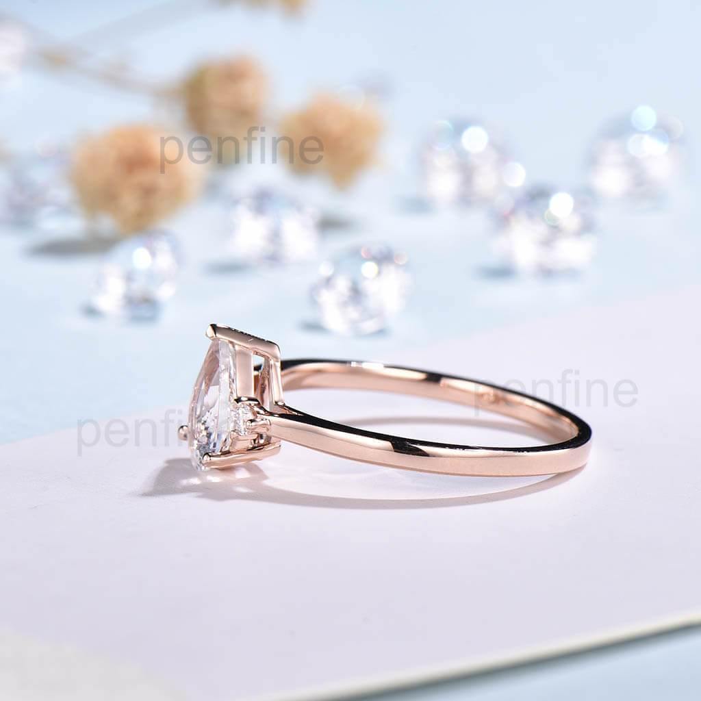 Three Stone Rainbow Pear Shaped Moonstone Engagement Ring Elle Rose Gold - PENFINE