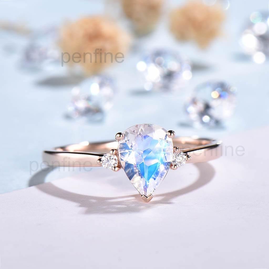 Three Stone Rainbow Pear Shaped Moonstone Engagement Ring Elle