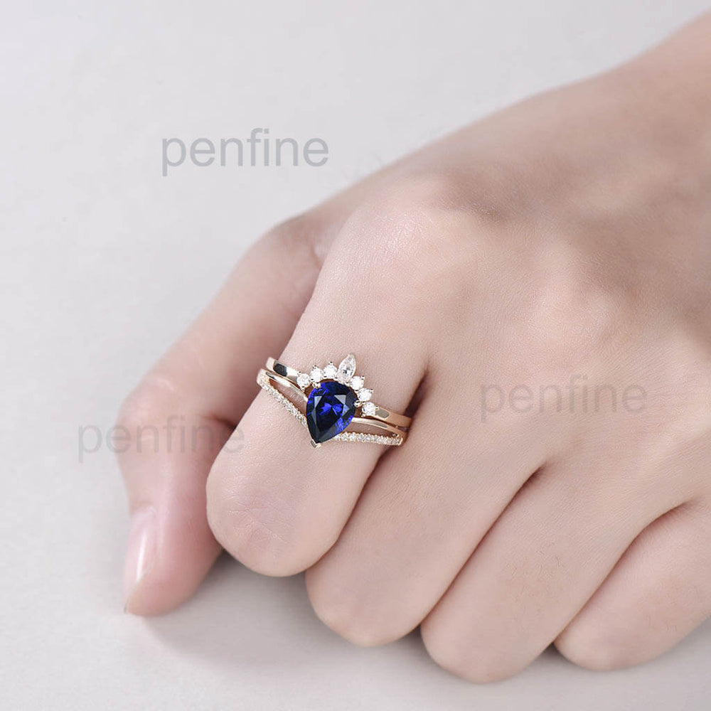 Vintage Sapphire Diamond Engagement Ring Set Crown Moissanite Band - PENFINE