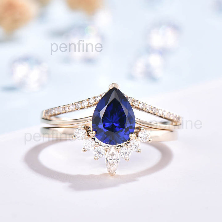 Vintage Sapphire Diamond Engagement Ring Set Crown Moissanite Band - PENFINE