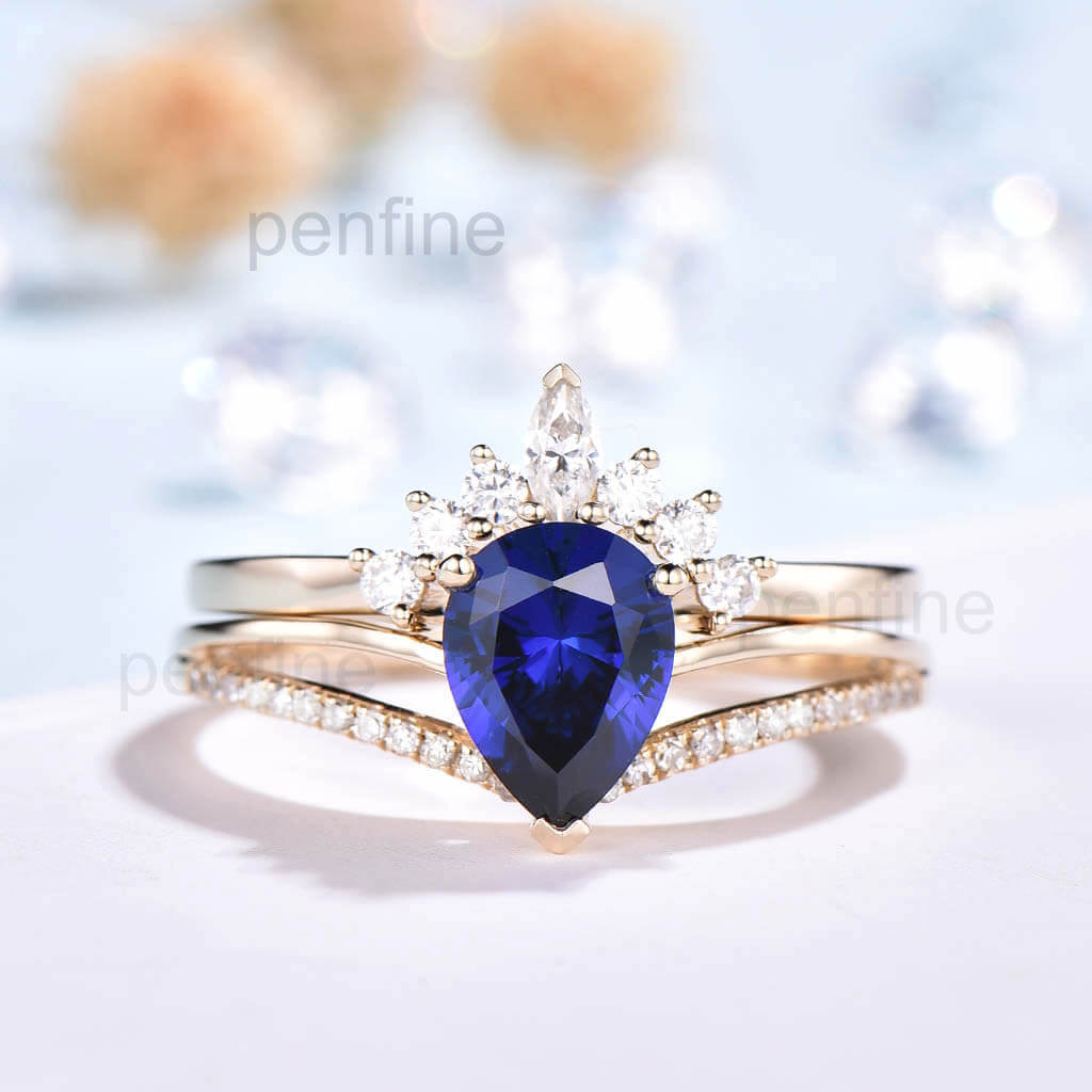 Vintage Sapphire Diamond Engagement Ring Set Crown Moissanite Band - PENFINE