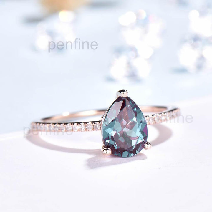 Pear Shaped Alexandrite/Emerald Diamond Engagement Ring Basket Prong - PENFINE