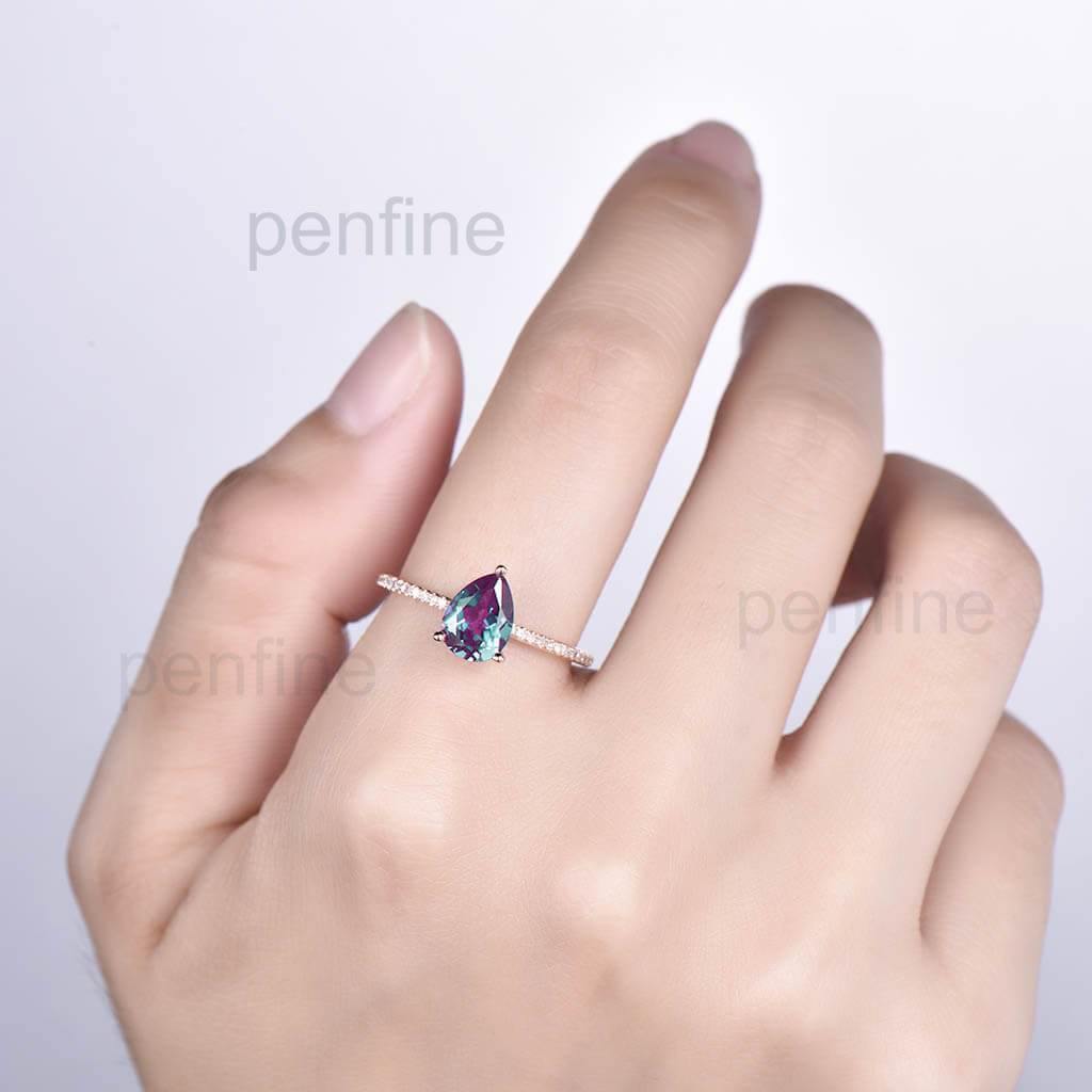 Pear Shaped Alexandrite/Emerald Diamond Engagement Ring Basket Prong - PENFINE