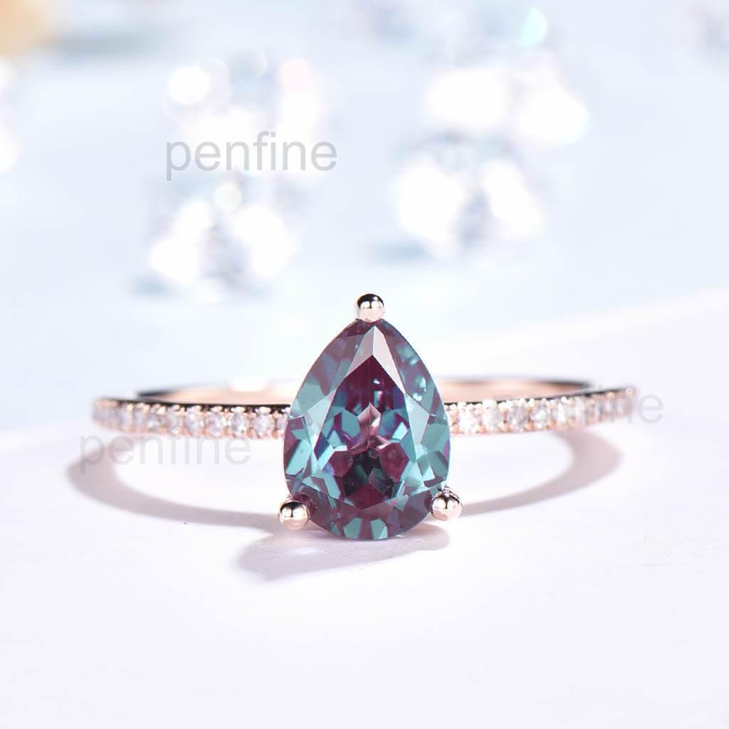 Pear Shaped Alexandrite/Emerald Diamond Engagement Ring Basket Prong - PENFINE