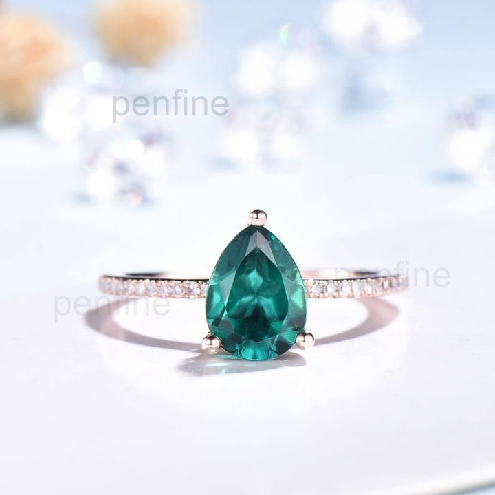 Pear Shaped Alexandrite/Emerald Diamond Engagement Ring Basket Prong - PENFINE