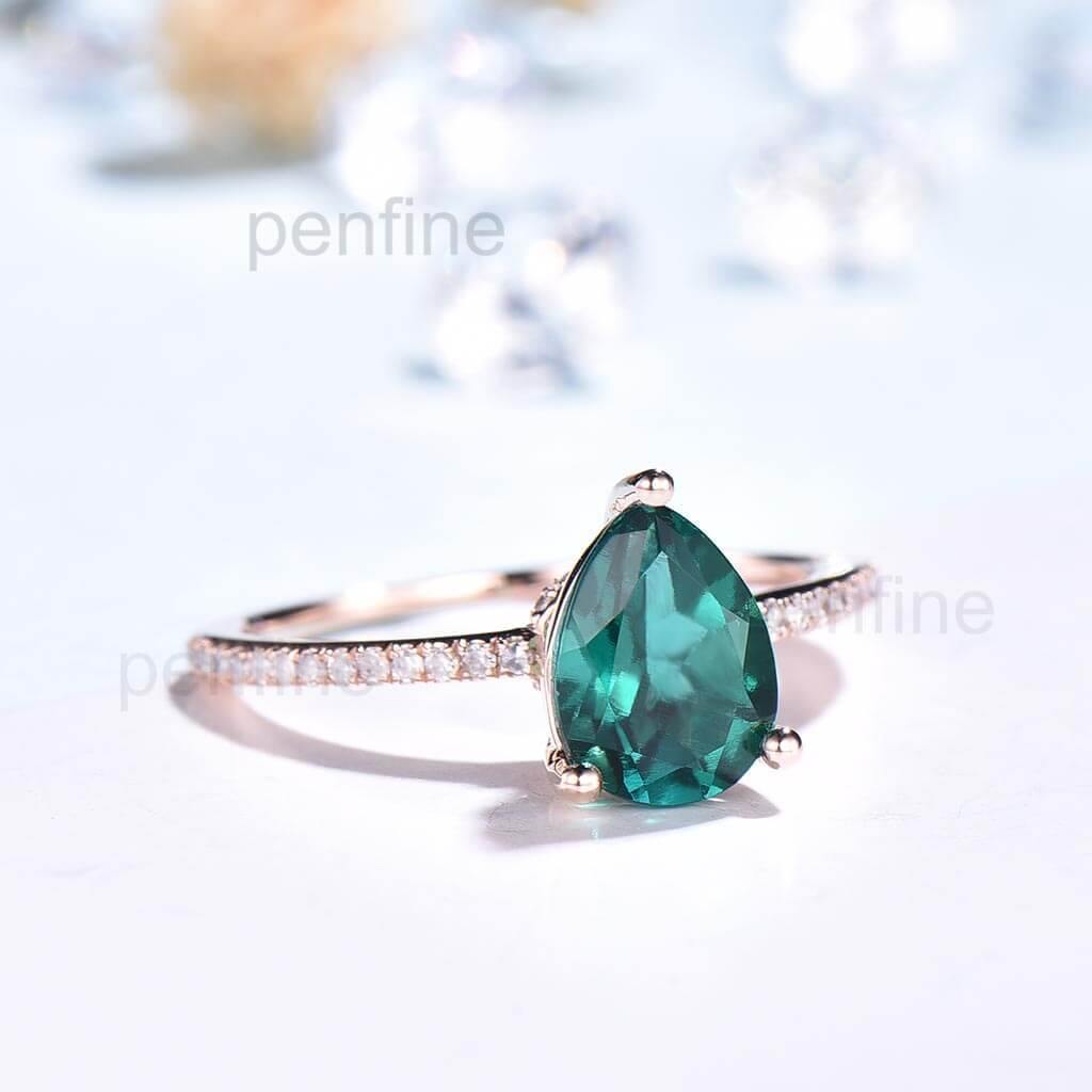 Pear Shaped Alexandrite/Emerald Diamond Engagement Ring Basket Prong - PENFINE