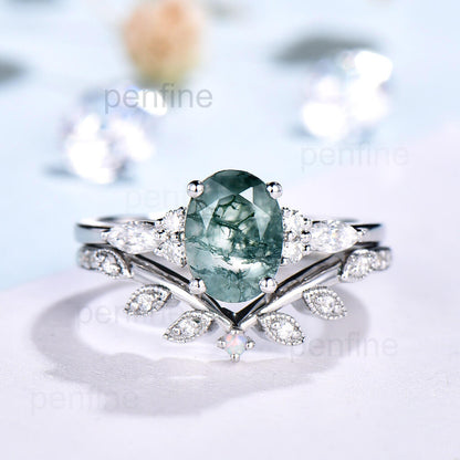 Oval Moss Agate Engagement Ring Set Cluster Moissanite Moss Agate Bridal Set, 