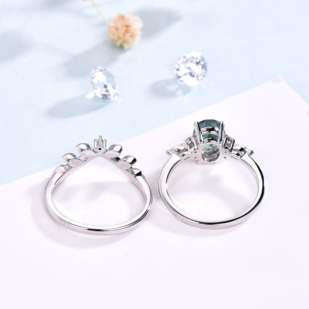 Oval Moss Agate Engagement Ring Set Cluster Moissanite Moss Agate Bridal Set,Leaf Diamond And Opal Wedding Band,White Gold Anniversary Ring - PENFINE