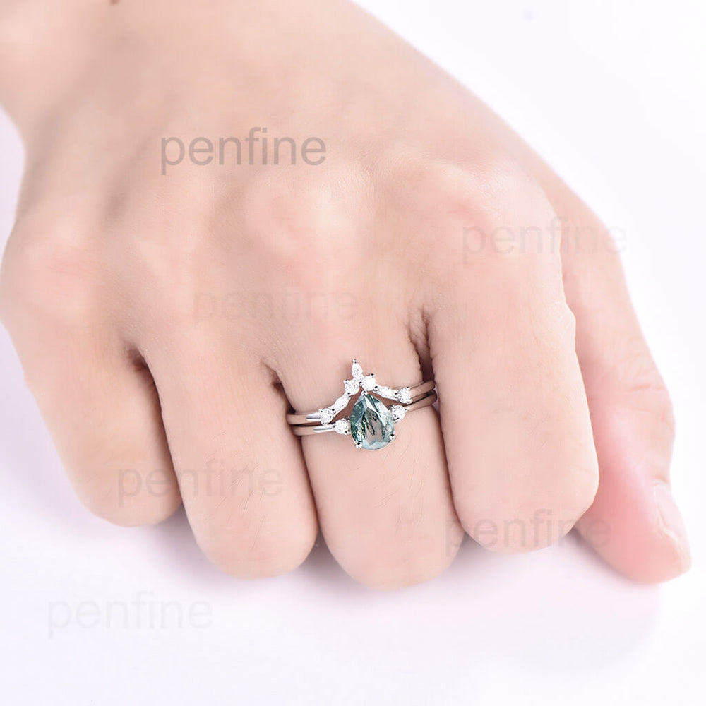 Pear Shaped Moss Agate Bridal Set, V Curved Moissanite Wedding Band - PENFINE