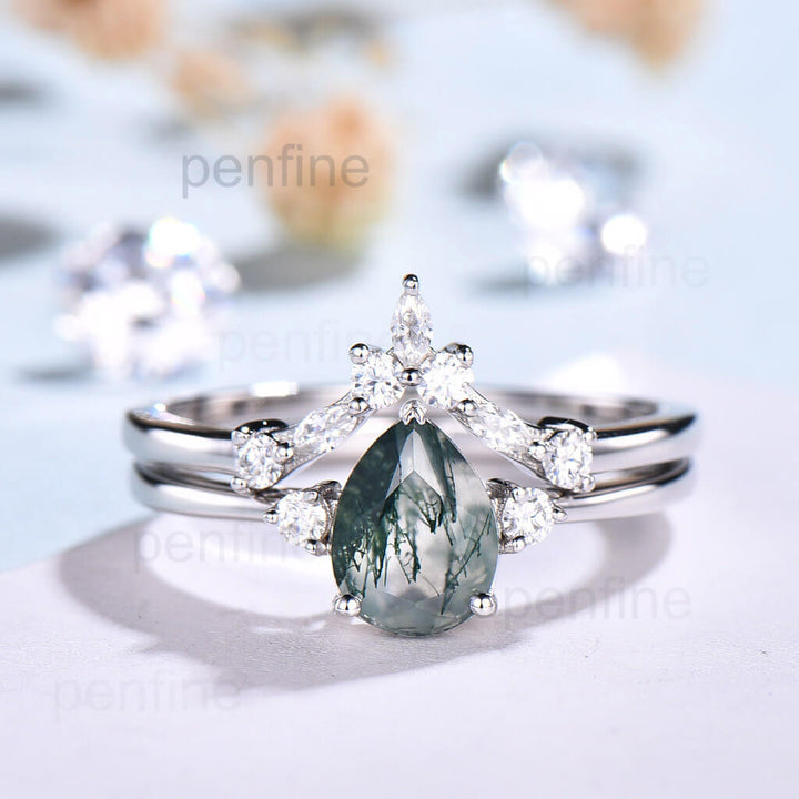 Pear Shaped Moss Agate Bridal Set, V Curved Moissanite Wedding Band - PENFINE