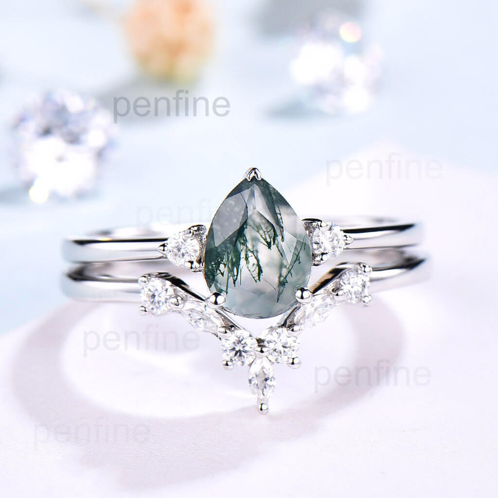 Pear Shaped Moss Agate Bridal Set, V Curved Moissanite Wedding Band - PENFINE