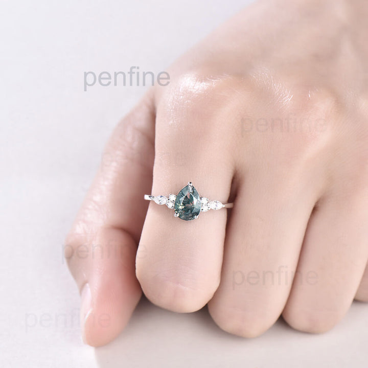 Moss agate engagement ring pear shaped