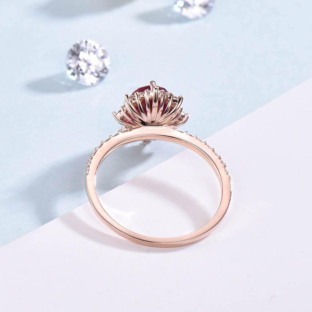 Floral Ruby Halo Engagement Ring Rose Gold Tia Vintage Style - PENFINE