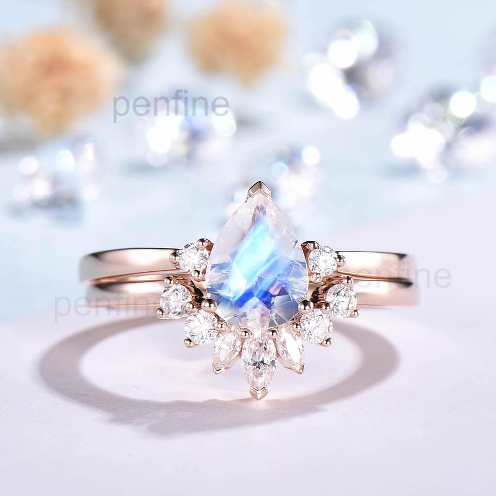 Three Stone Rainbow Pear Shaped Moonstone Elle Bridal Set - PENFINE