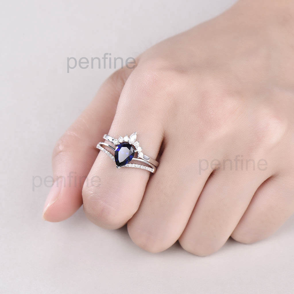 Vintage Sapphire Diamond Engagement Ring Set Crown Moissanite Band - PENFINE