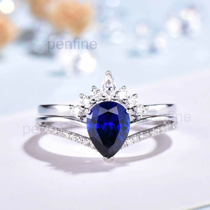 Vintage Sapphire Diamond Engagement Ring Set Crown Moissanite Band - PENFINE