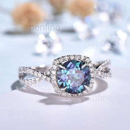 Twisted Alexandrite Halo Diamond Engagement Ring Round Cut - PENFINE