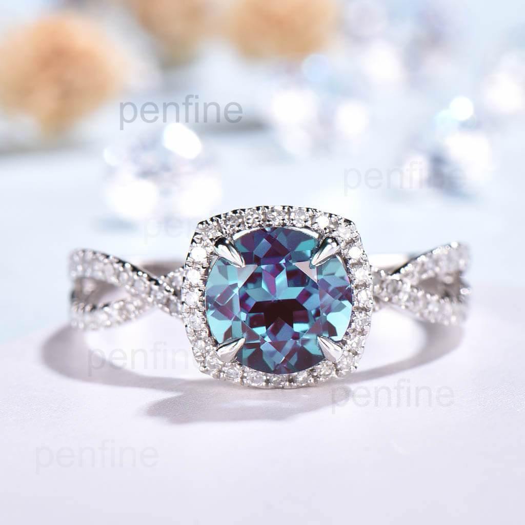 Twisted Alexandrite Halo Diamond Engagement Ring Round Cut - PENFINE