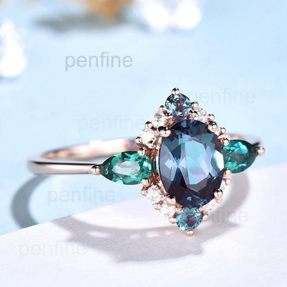 Unique oval alexandrite ring pear emerald engagement ring Y#40 - PENFINE