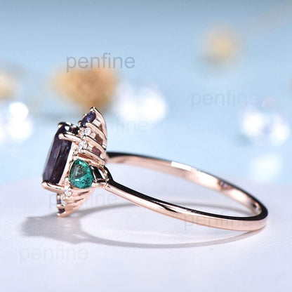 Unique oval alexandrite ring pear emerald engagement ring Y#40 - PENFINE