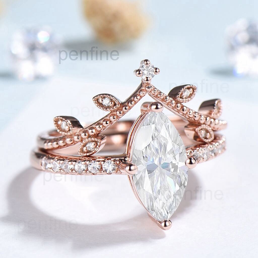 Marquise Cut Moissanite Ring Set / Petite Shared Prong Diamond Engagement Ring For Women / 14K 18K Gold Art Deco Milgrain Wedding Band - PENFINE