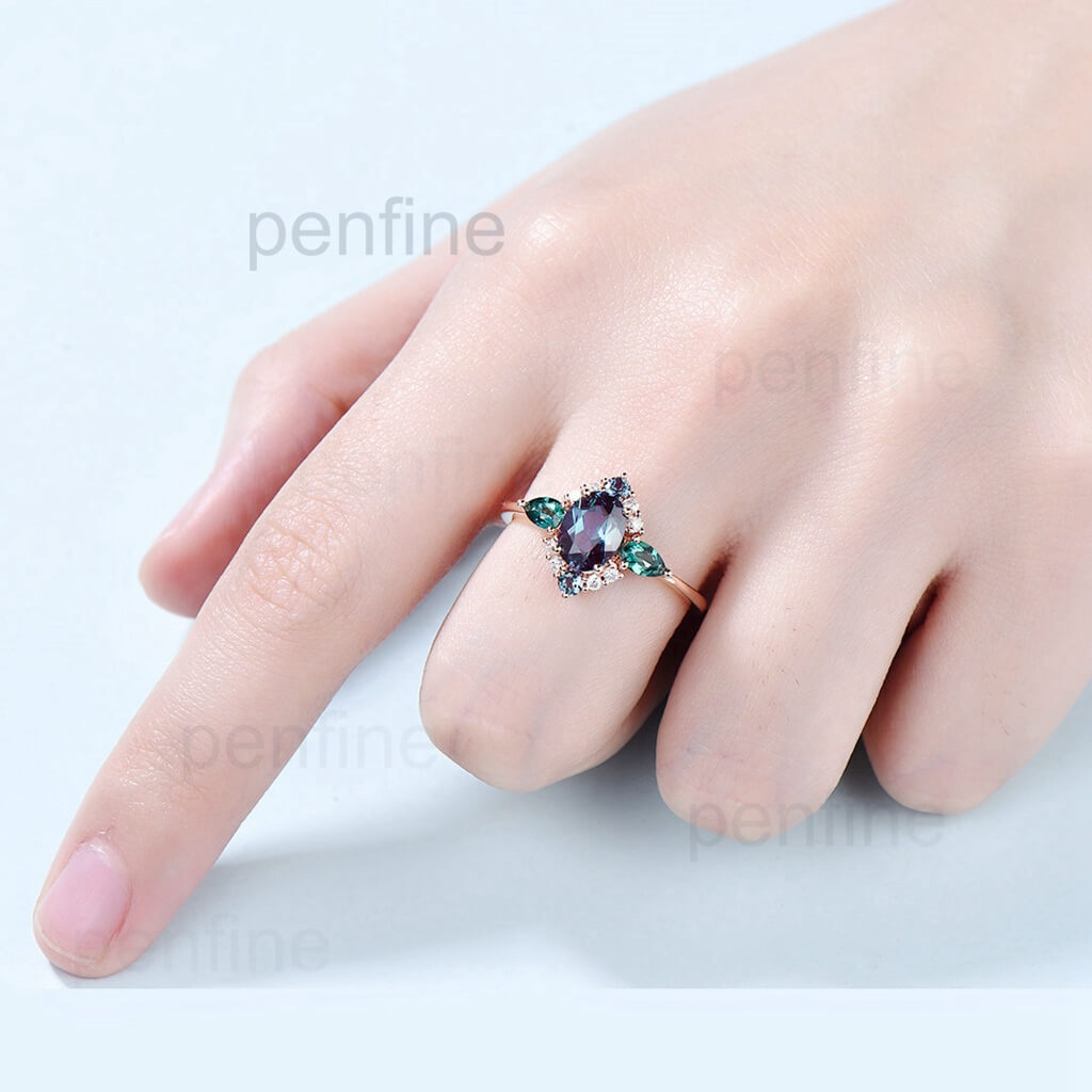 Unique oval alexandrite ring pear emerald engagement ring Y#40 - PENFINE