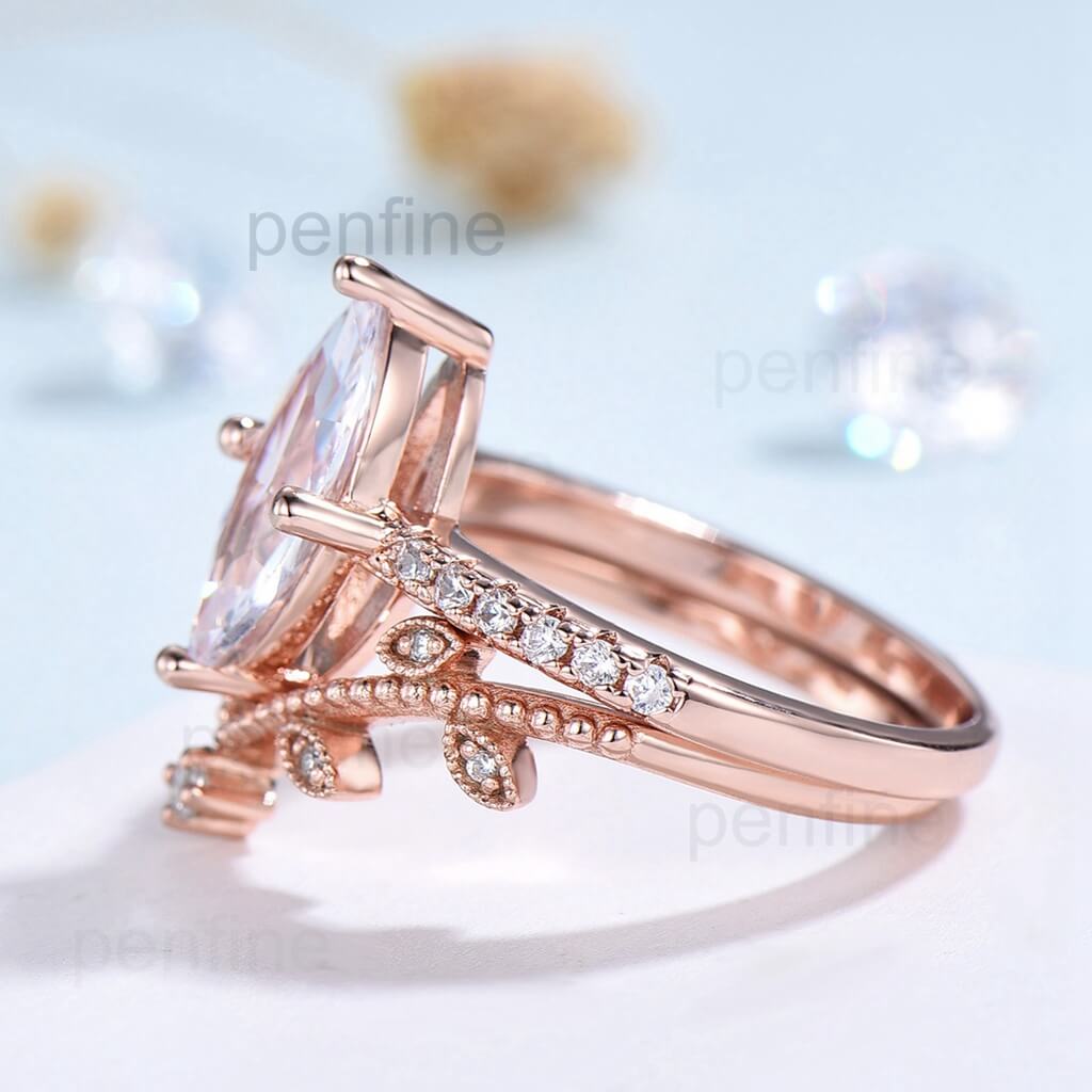 Marquise Cut Moissanite Ring Set / Petite Shared Prong Diamond Engagement Ring For Women / 14K 18K Gold Art Deco Milgrain Wedding Band - PENFINE