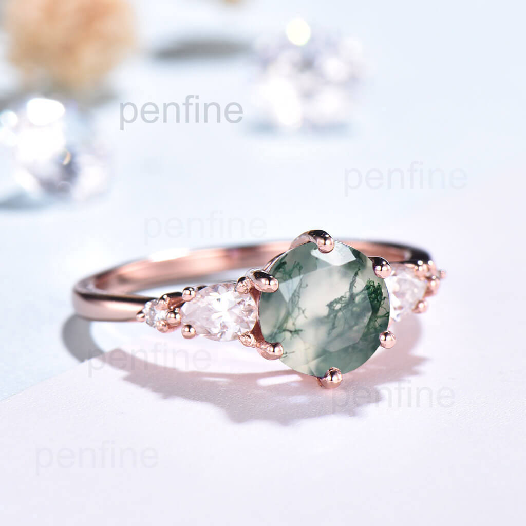 Vintage Round Cut Green Moss Agate Oh Engagement Ring Pear Moissanite Five Stone - PENFINE