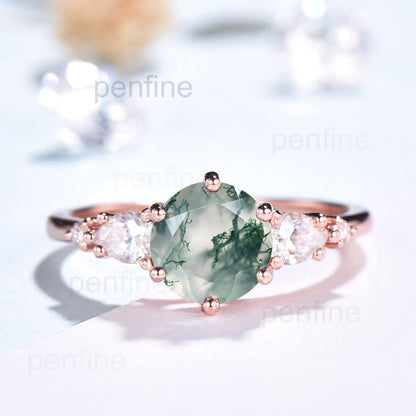 Vintage Round Cut Green Moss Agate Oh Engagement Ring Pear Moissanite Five Stone - PENFINE