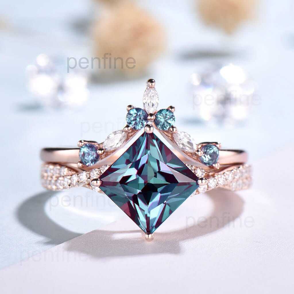 Princess Cut Alexandrite Engagement Ring  set