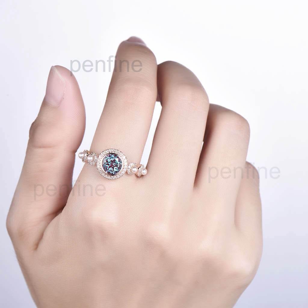 Vintage Alexandrite Pearl Diamond Engagement Ring Rose Gold Unique - PENFINE