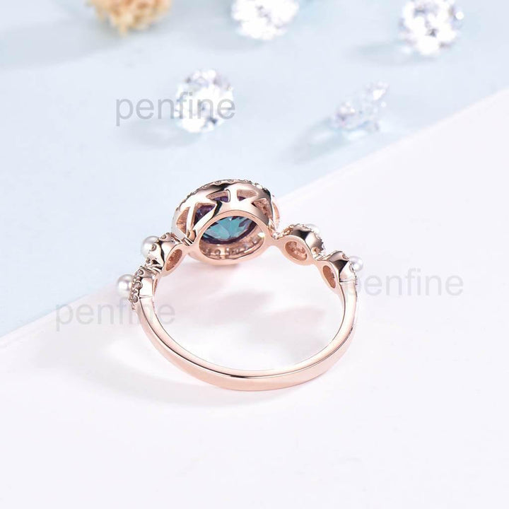 Vintage Alexandrite Pearl Diamond Engagement Ring Rose Gold Unique - PENFINE