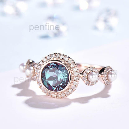 Vintage Alexandrite Pearl Diamond Engagement Ring Rose Gold Unique - PENFINE