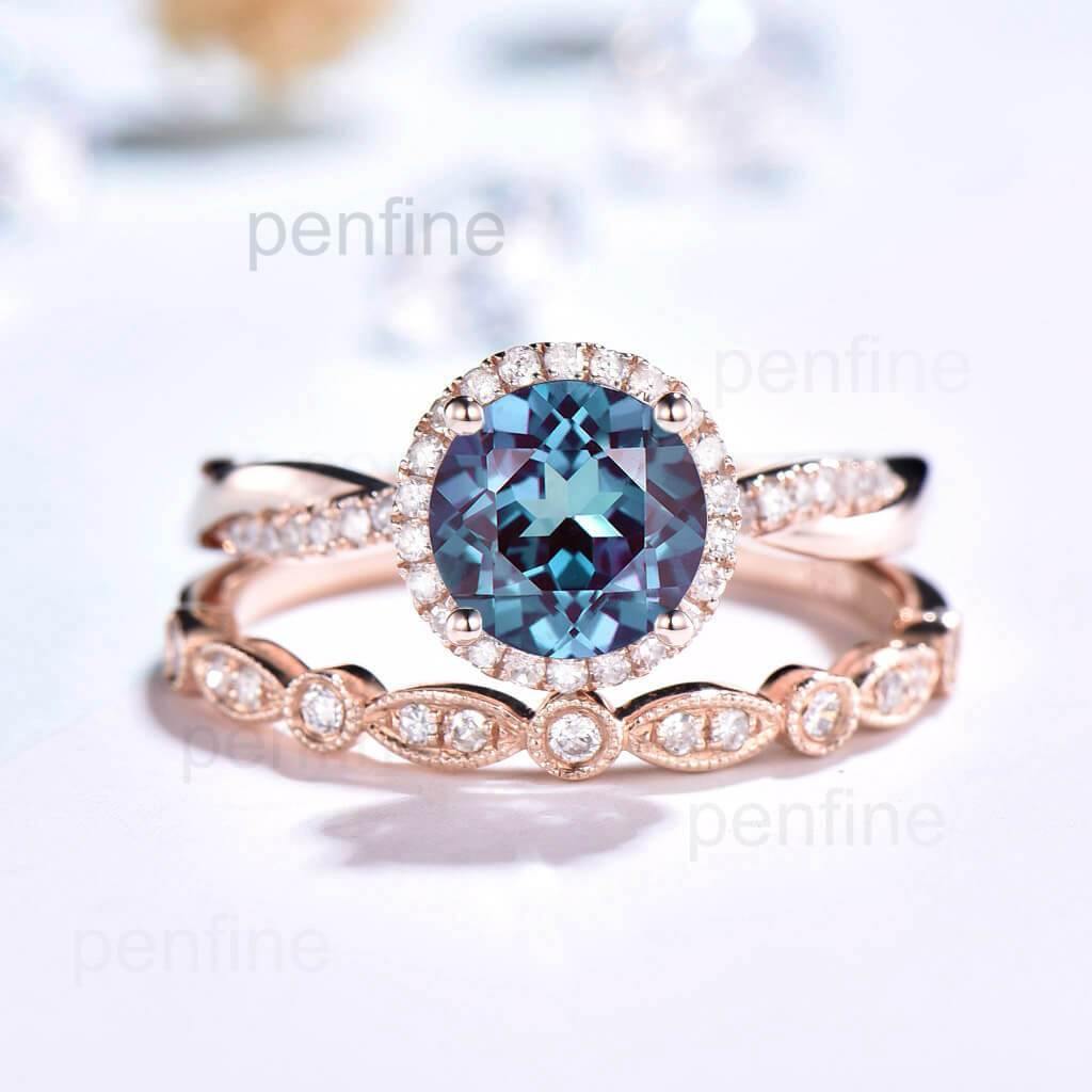 twisted alexandrite engagement ring set
