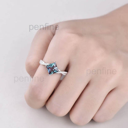 Infinity Princess Cut Alexandrite Moissanite Engagement Ring Unique - PENFINE