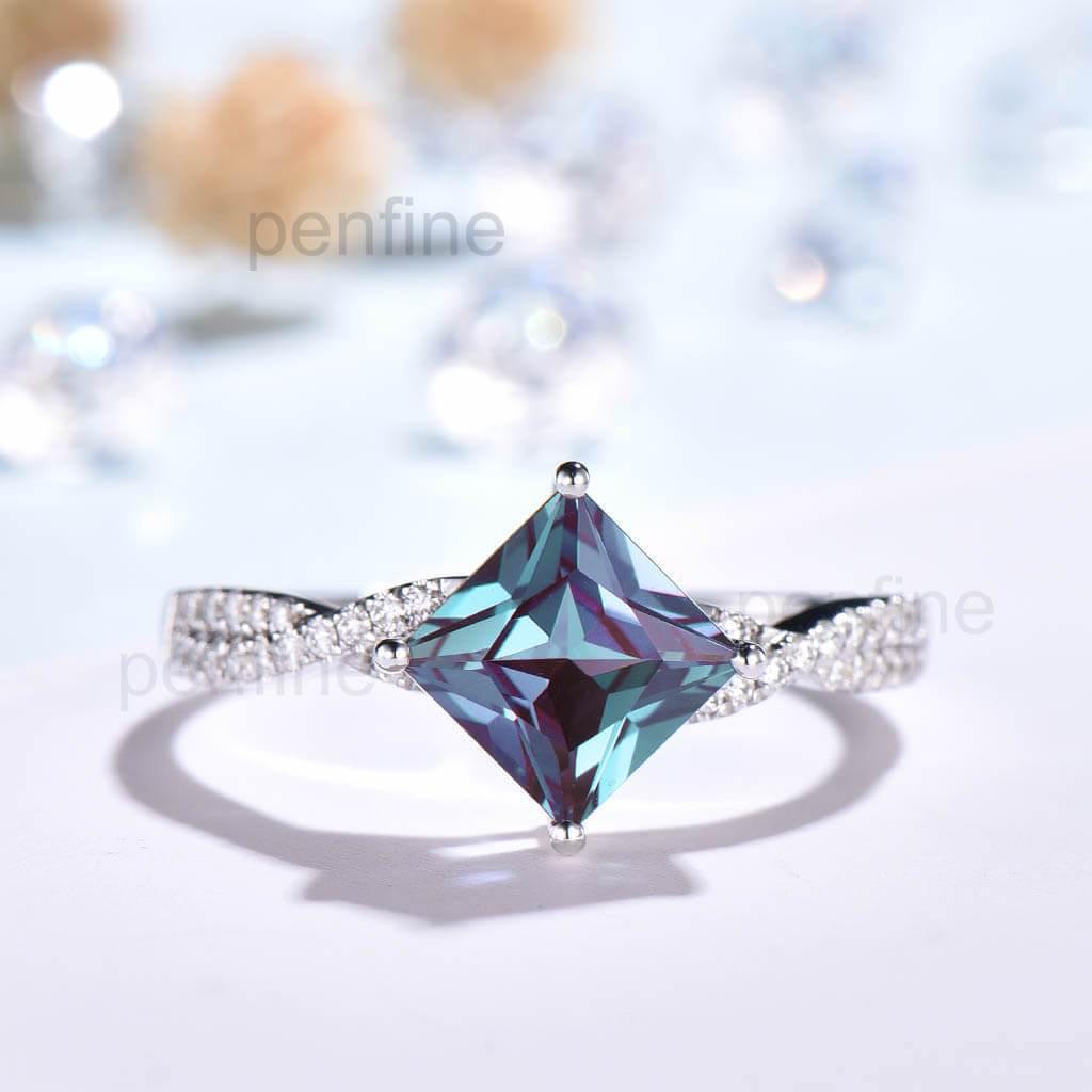 Infinity Princess Cut Alexandrite Moissanite Engagement Ring Unique - PENFINE