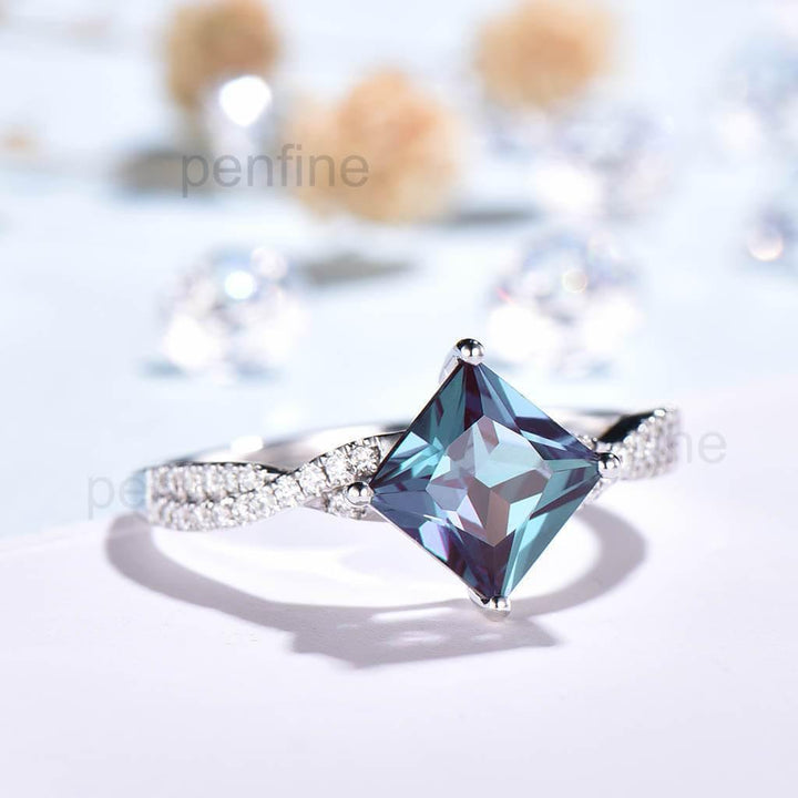 Infinity Princess Cut Alexandrite Moissanite Engagement Ring Unique - PENFINE