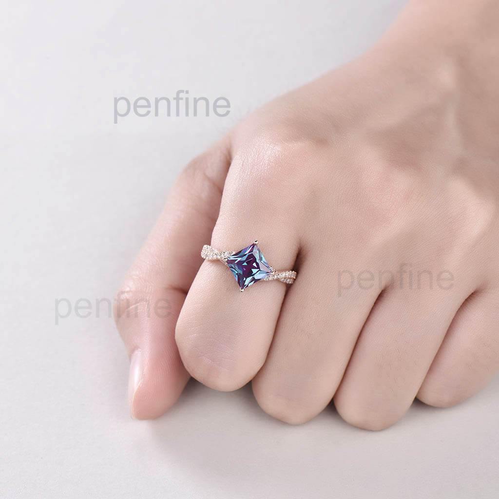 Infinity Princess Cut Alexandrite Moissanite Engagement Ring Unique - PENFINE