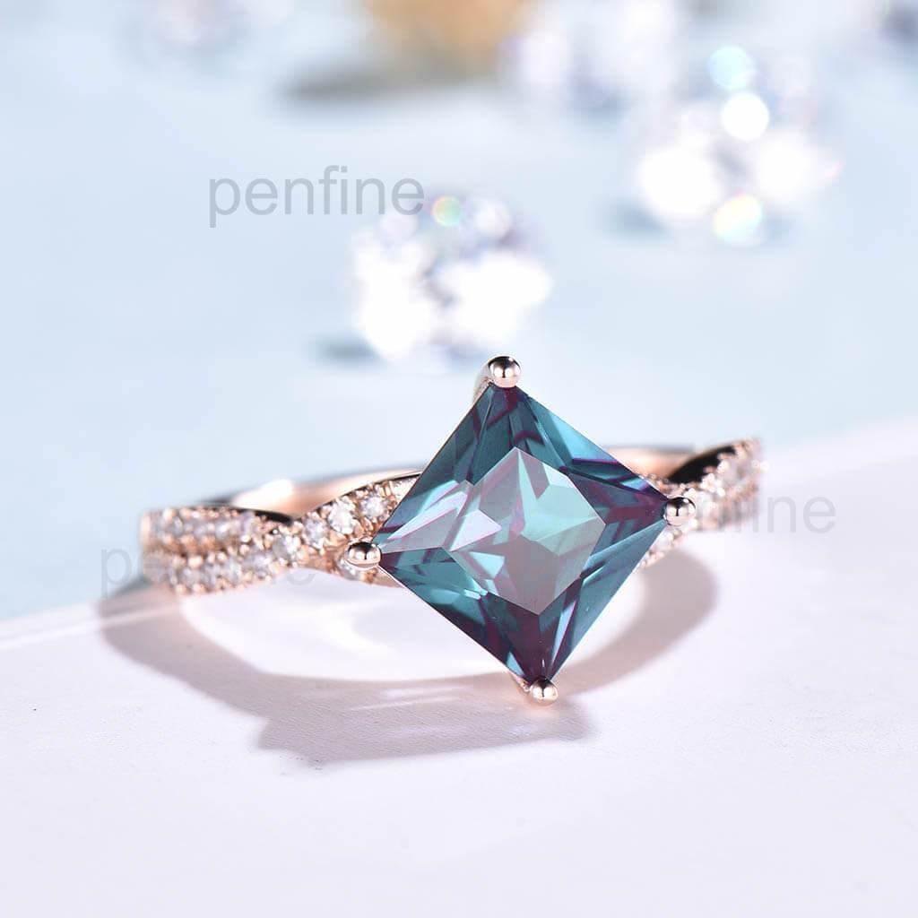 Infinity Princess Cut Alexandrite Moissanite Engagement Ring Unique - PENFINE