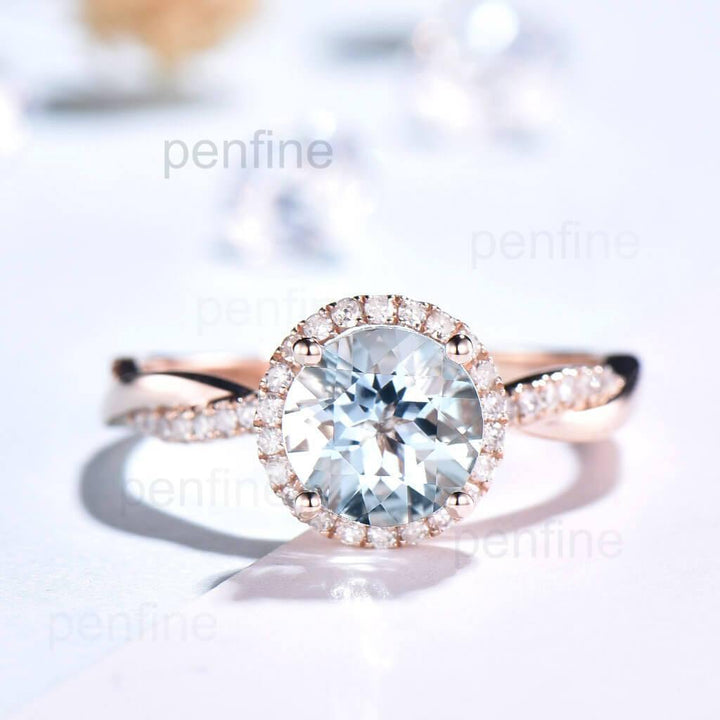 Twisted Aquamarine Enggament Ring Halo Diamond - PENFINE