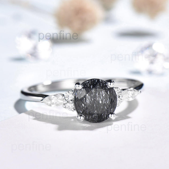 Black Rutilated Quartz engagement ring round cut